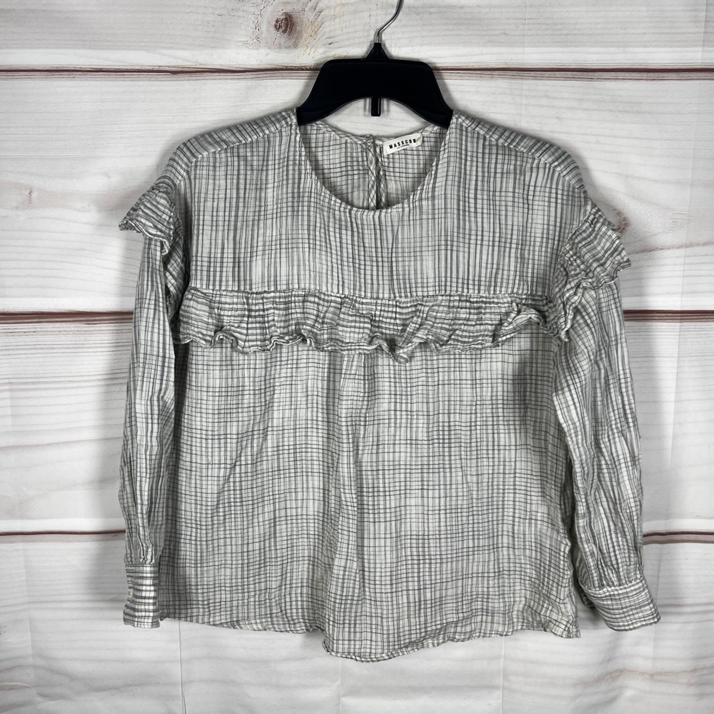 MASSCOB Ruffle Peasant Blouse Womens XS Gray Plaid Long Sleeve Cotton Romantic